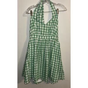 Aura Mint Green White Gingham Halter Dress V Neck Mini Knee Cottage Core Medium